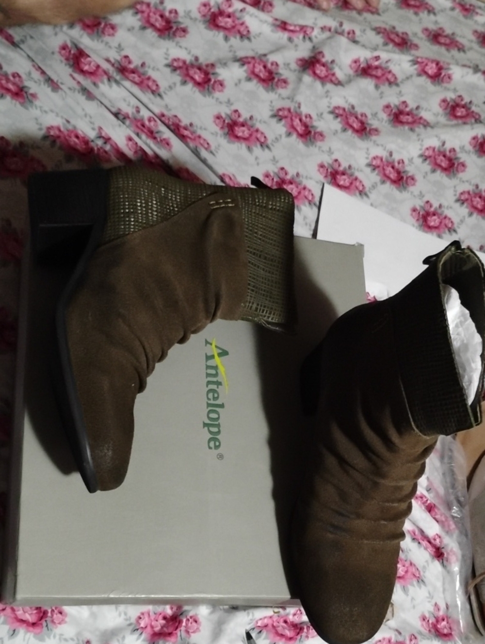 Antelope Olive Suede Ruched Ankle Booties with Textured Heel Size 38